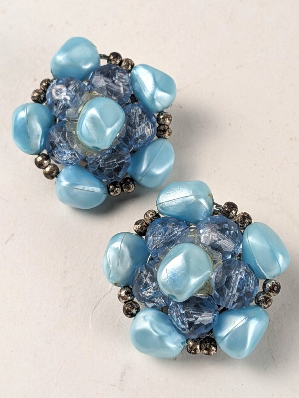 Vintage Blue/Silver Beaded Clip-on Earrings